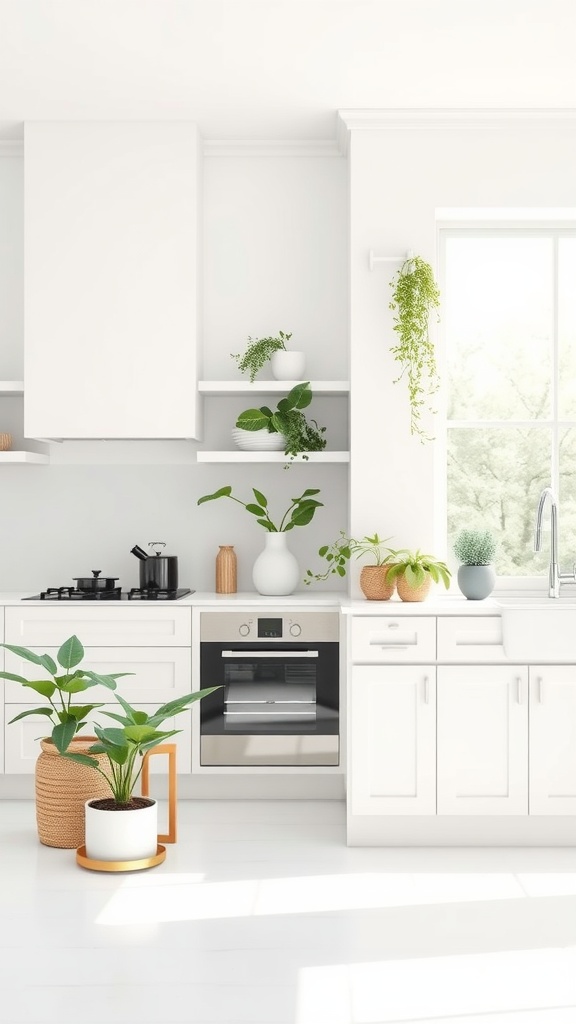 A serene white kitchen featuring open shelving, plants, and ample natural light.