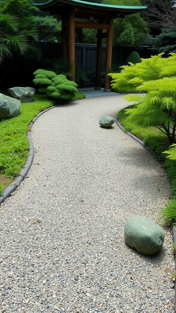 A winding Zen garden path surrounded by greenery and rocks, leading through a peaceful entrance.