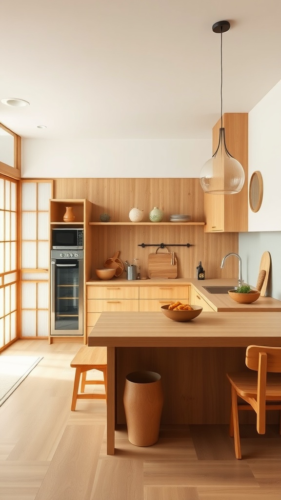 A minimalist kitchen showcasing a Zen Japanese aesthetic with warm wooden tones and natural lighting.