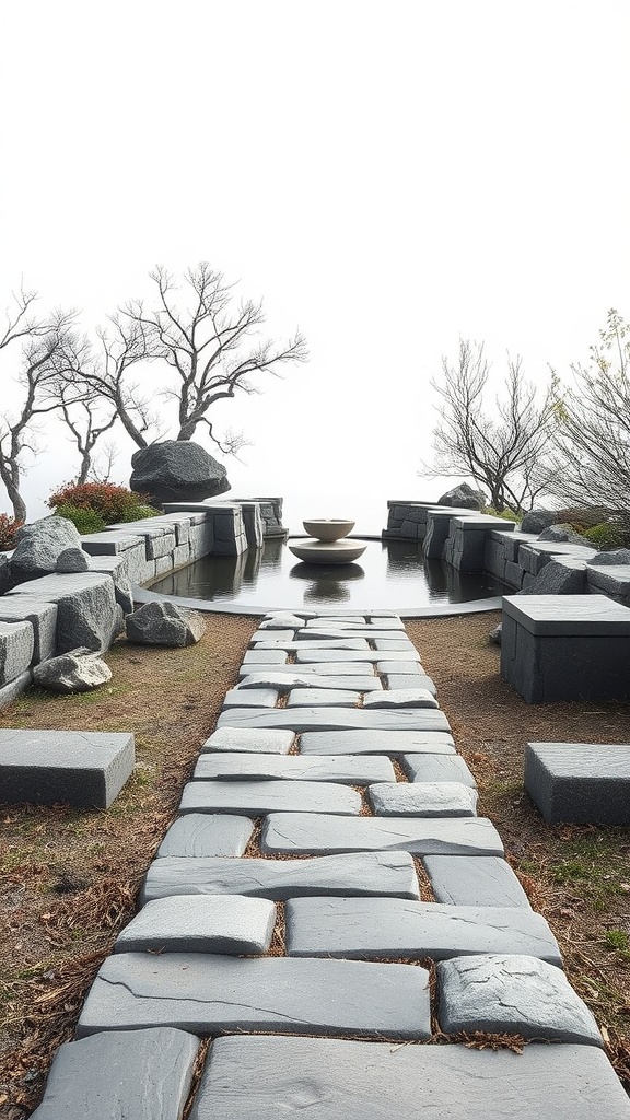 A zen stone pathway leading to a tranquil water feature surrounded by minimalistic landscaping.