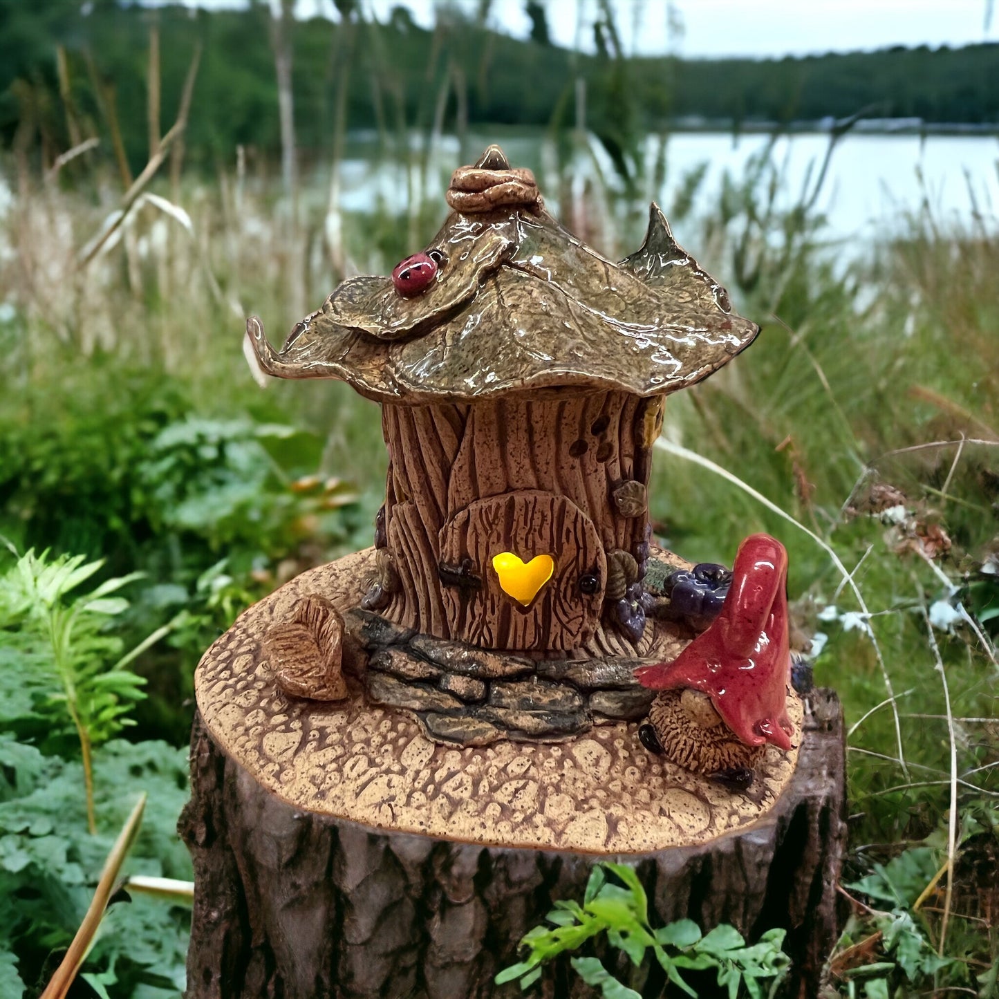 Gnome Home Luminary - “Ladybug Bench & Bird Bath” - miniature 4”