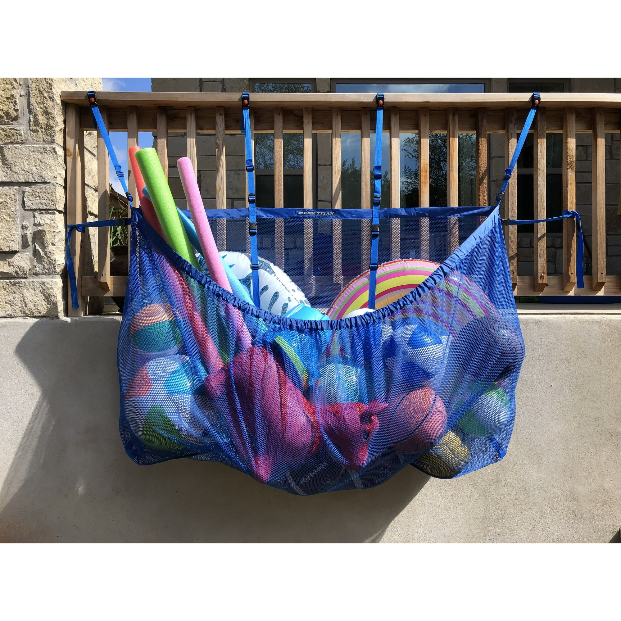 MESH TITAN Pool Float Storage Bag Organizer, Heavy Duty Adjustable Hanging Net for inflatables, toys, noodles and more (Blue)