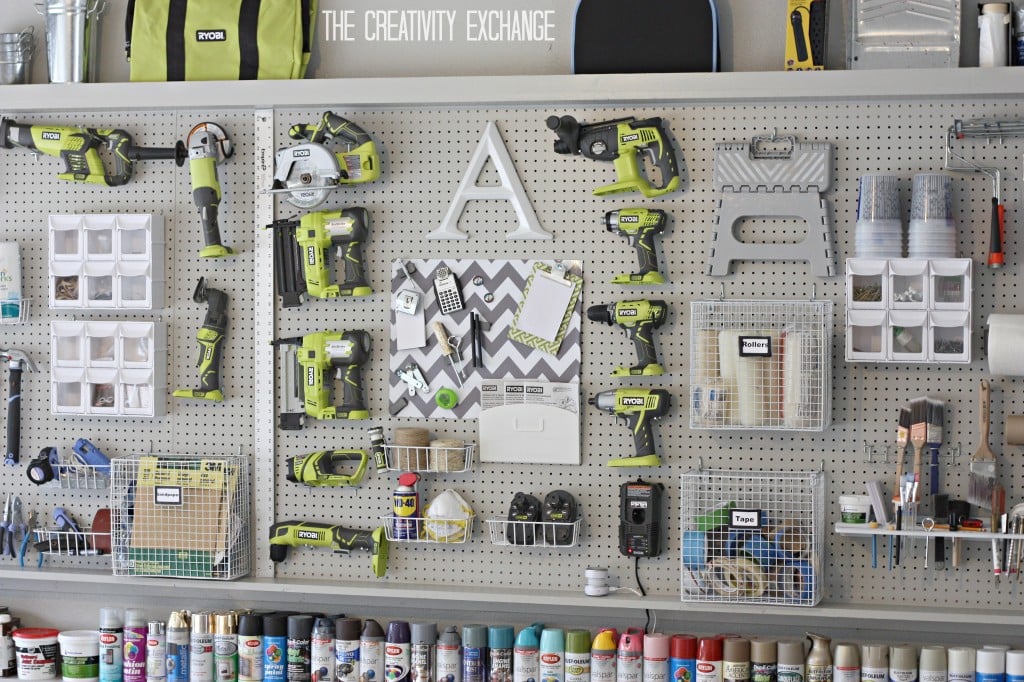 DIY Garage Pegboard Storage Wall Using Only 5.5 inches of Depth. Great for storing paint, tools and supplies. {The Creativity Exchange}