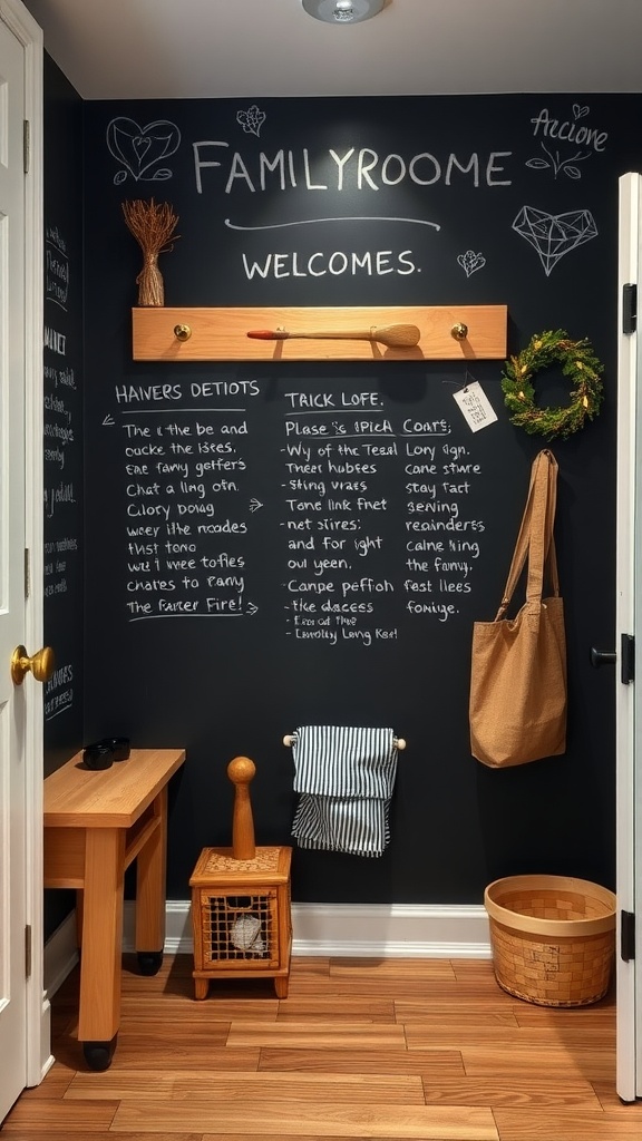 A cozy mudroom featuring a chalkboard wall with handwritten notes and organized items.