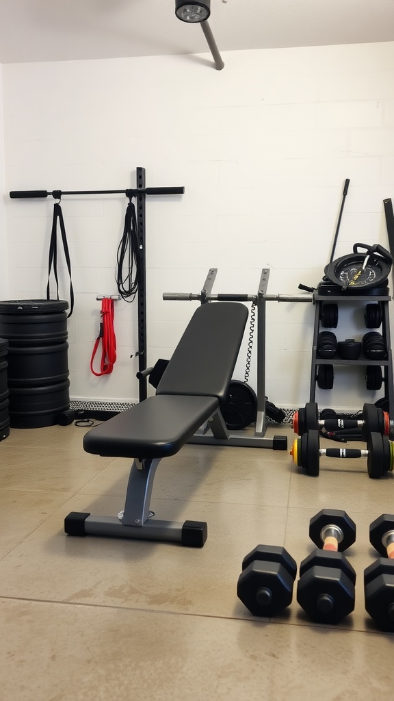 A well-equipped garage gym with an adjustable weight bench, dumbbells, and fitness accessories.