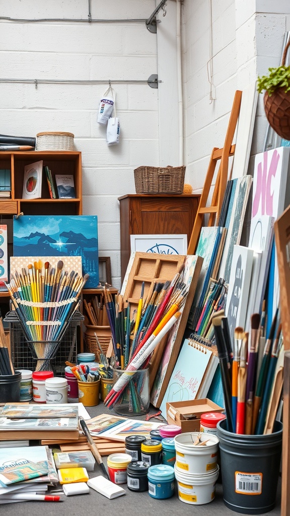 A collection of art supplies including paints, brushes, and canvases arranged on a table, perfect for creative minds.