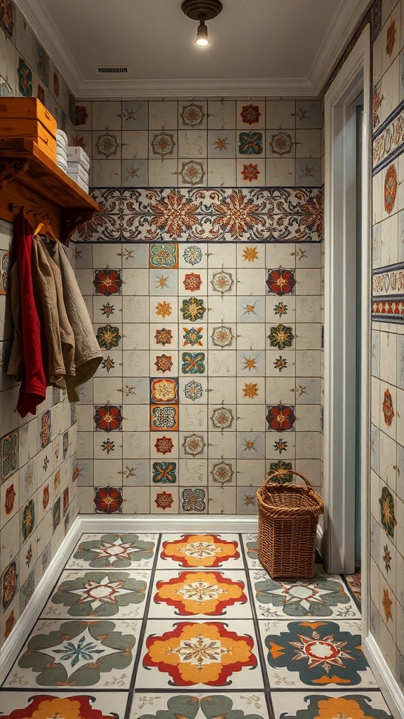 A mudroom with artistic hand-painted tiles on the walls and floor, featuring colorful patterns and a cozy storage area.
