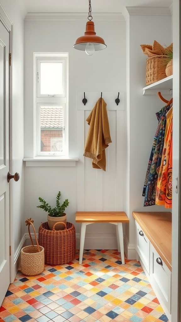 Bright mosaic tiled mudroom with colorful floor tiles, a wooden bench, and natural light.