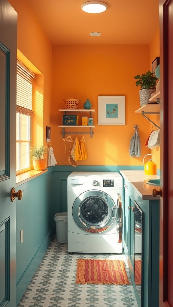 A narrow laundry room with bright orange walls and teal cabinetry, featuring modern appliances and colorful accessories.