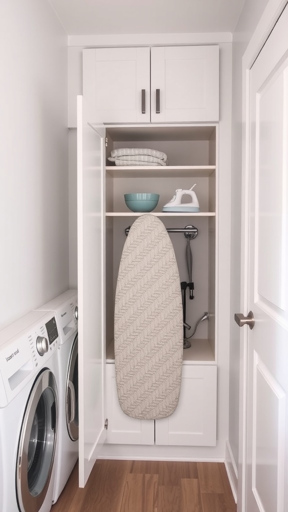 Narrow laundry room with a built-in ironing board in cabinetry.