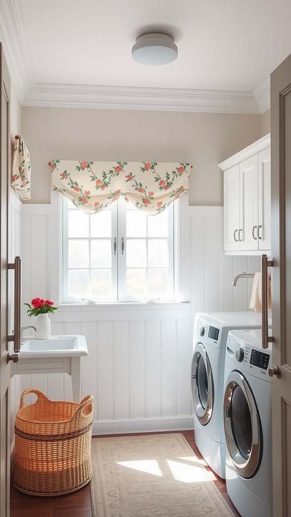 Bright laundry room with floral valance window treatment and modern appliances.