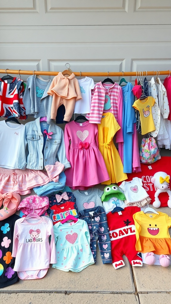 Colorful display of children's clothes and accessories at a garage sale.