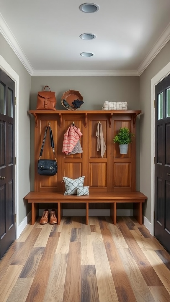A stylish mudroom with durable wood-like flooring, a seating area, and storage hooks.