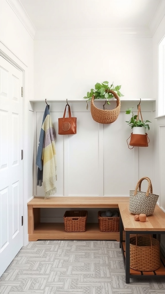 A mudroom featuring a classic basketweave tile pattern with a warm wooden bench, hanging bags, and plants.