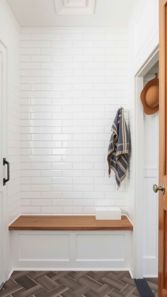 Mudroom featuring classic white subway tiles arranged in a staggered pattern, with a wooden bench and hanging towels.