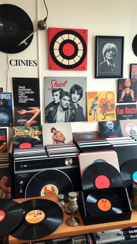A collection of collectible vinyl records displayed on a shelf, featuring various album covers and a vintage turntable.
