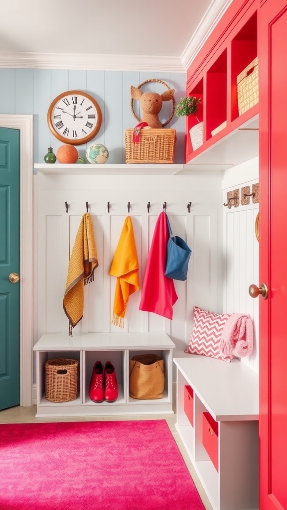 A colorful mudroom with red cubbies, bright coats, and a pink rug.
