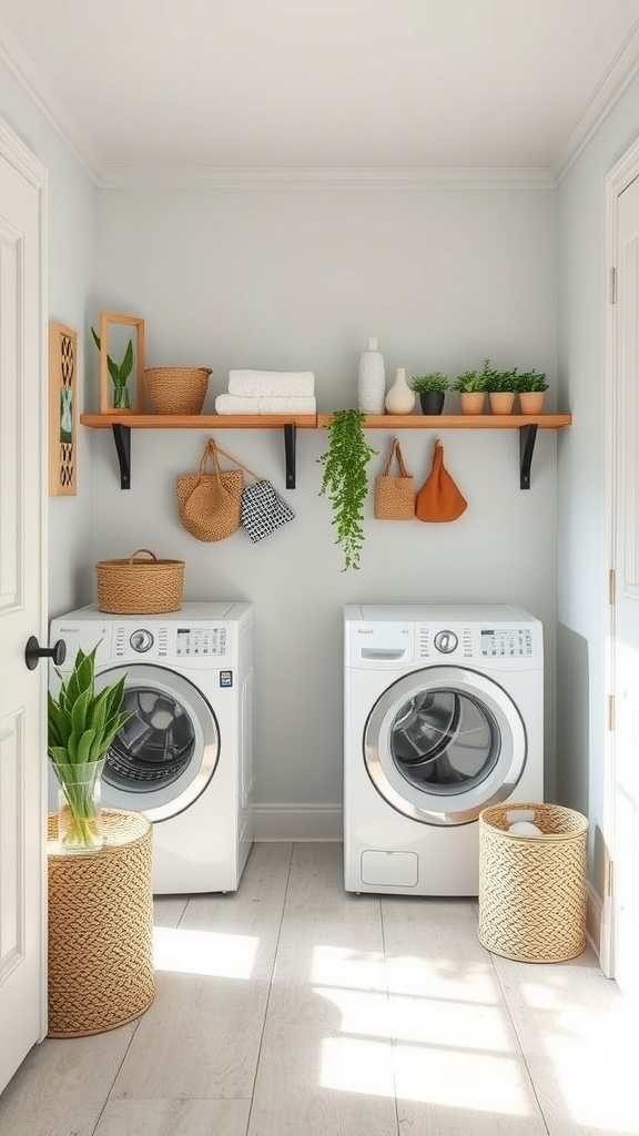 Laundry room mud room combo with white appliances, wooden shelves, and plants