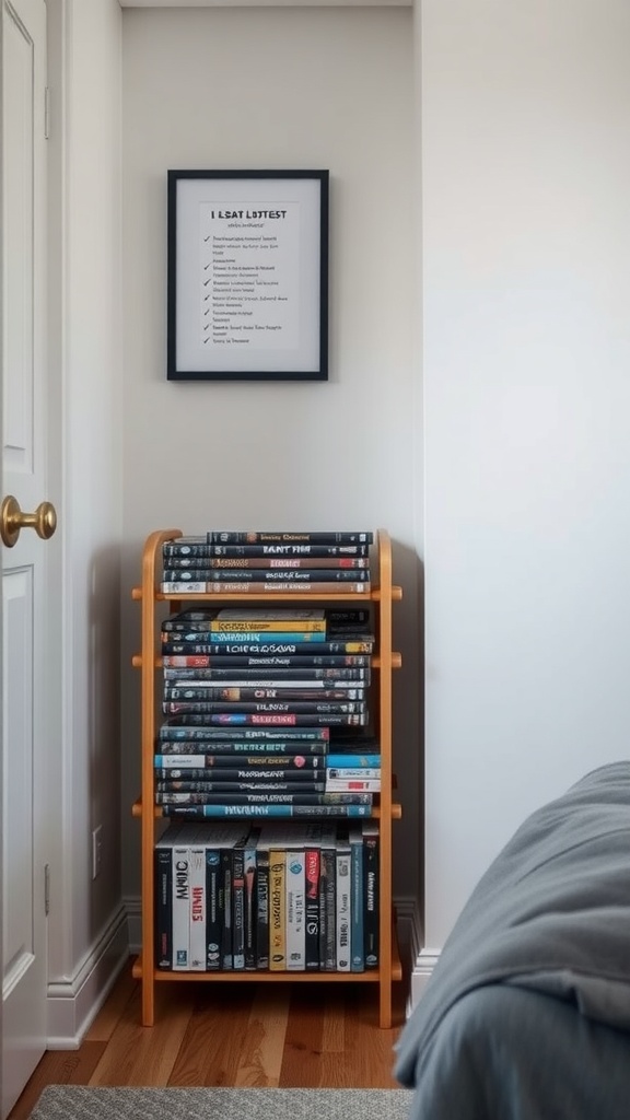 A compact DVD stand filled with DVDs in a small room corner.