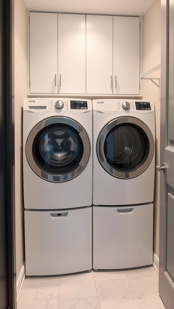 Compact washer and dryer set in a narrow laundry room with cabinets above.