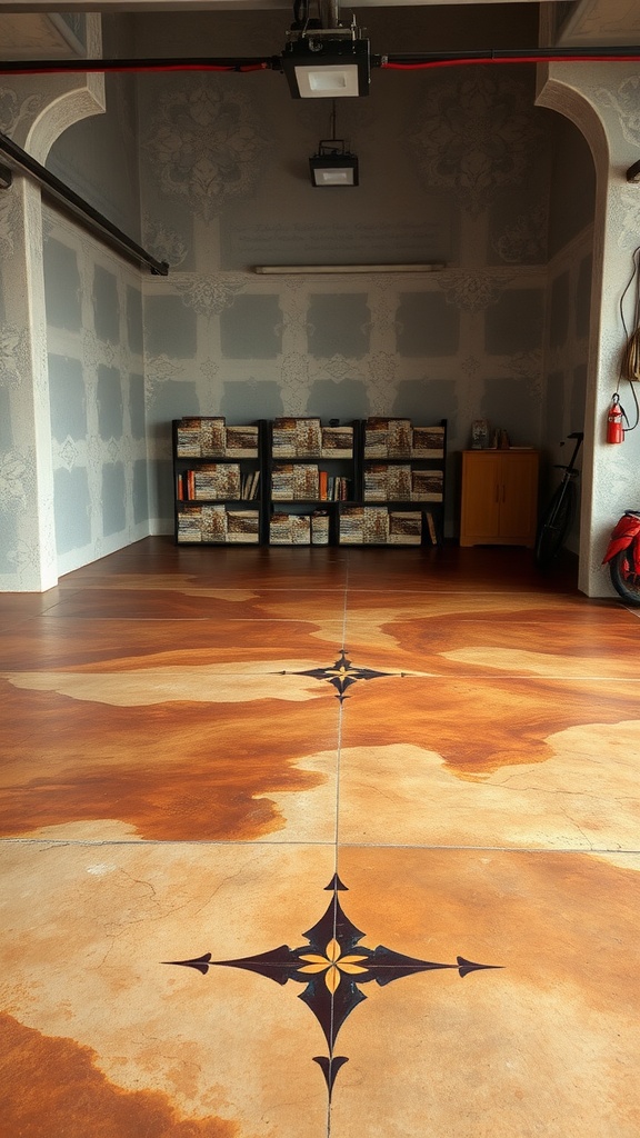 Stained concrete garage floor with decorative patterns
