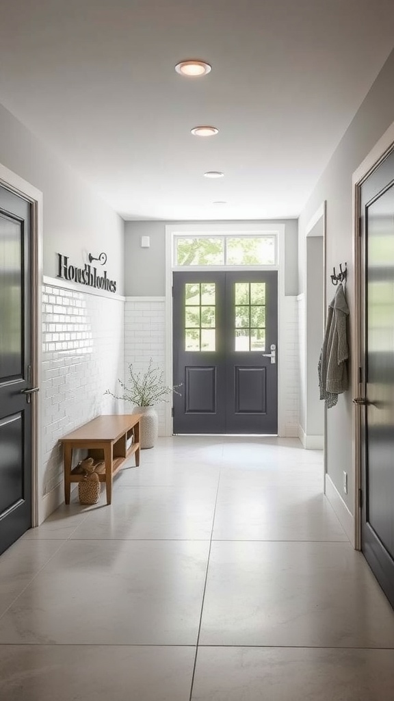 Contemporary mudroom with large format tiles and dark doors
