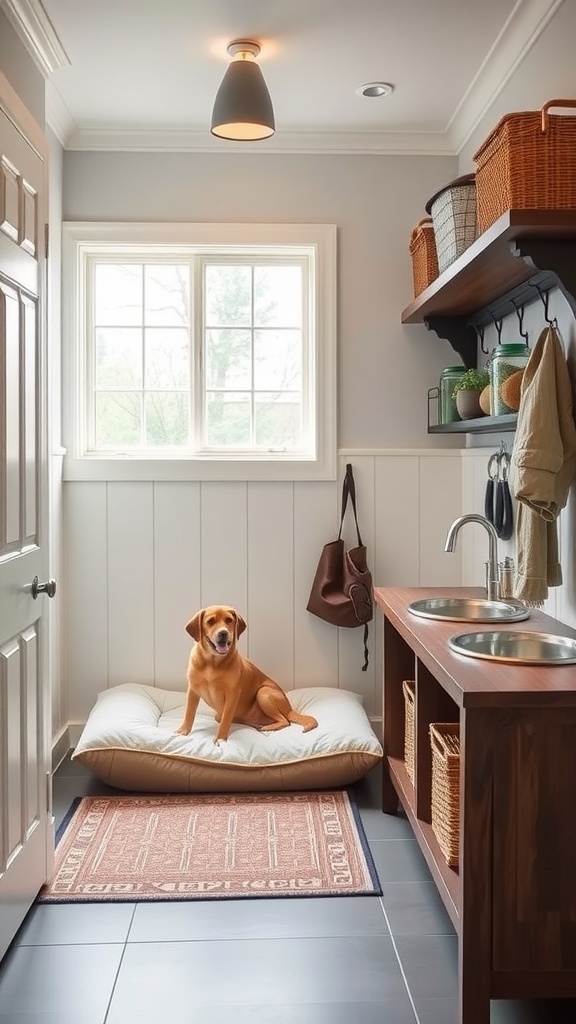A pet-friendly mudroom featuring a dog bed, storage baskets, and dual sinks.