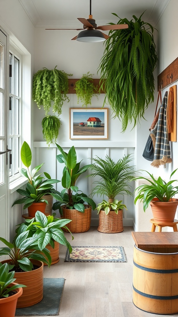 A cozy mudroom featuring various potted plants, a hanging fern, and a ceiling fan, creating an inviting atmosphere.