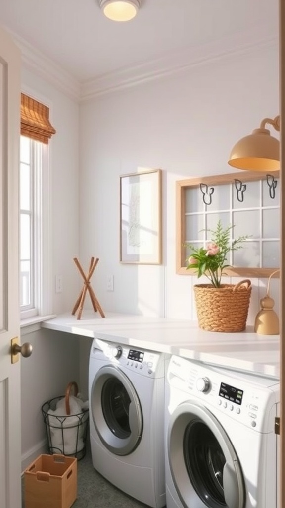 A bright and organized laundry room with a folding station, washer, and dryer.
