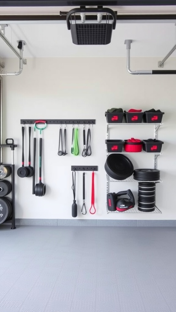 Organized garage gym with weights and gear on wall-mounted shelves and hooks
