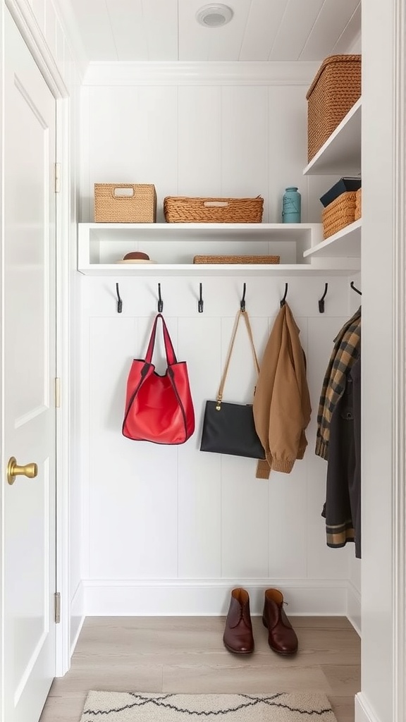 A stylish mudroom closet with shelves, hooks for coats and bags, and a welcoming mat on the floor.