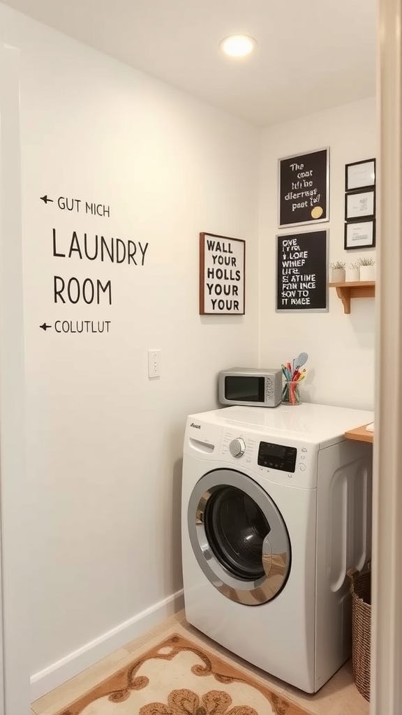 A narrow laundry room featuring motivational wall art and a modern washing machine.