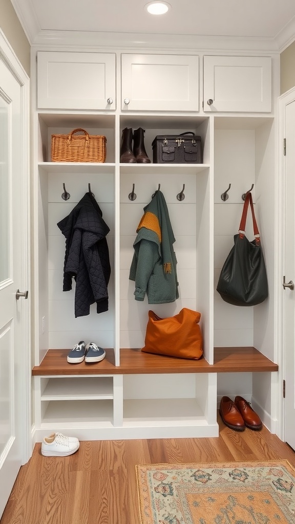 A mudroom with cubbies and hooks for hanging coats and bags.
