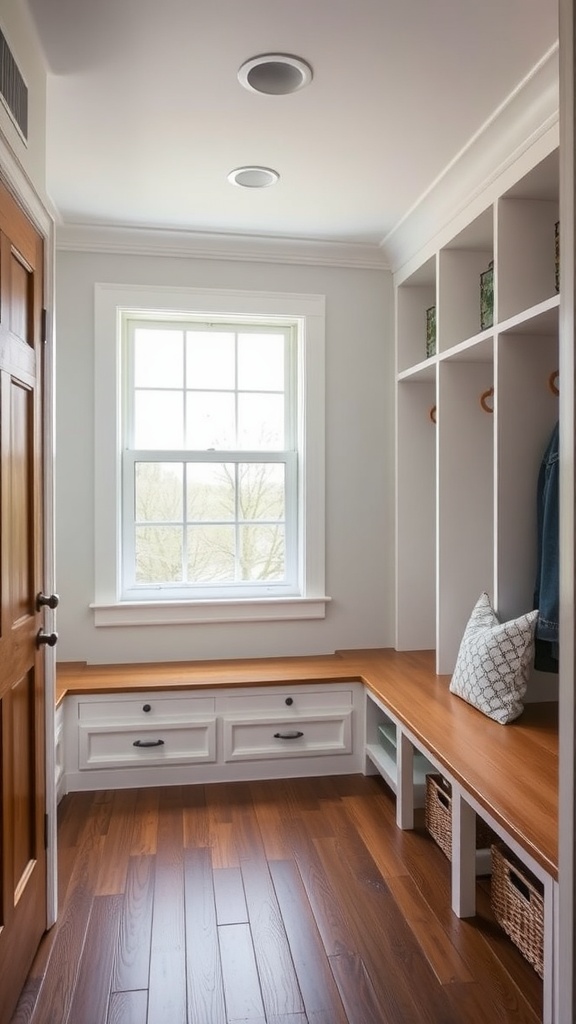 A mudroom with cubbies and an integrated seating area featuring a wooden bench and organized storage.