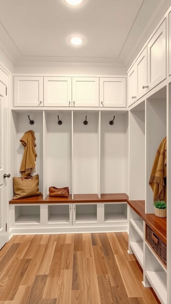 Bright and organized mudroom with custom built-in cubbies and hooks.