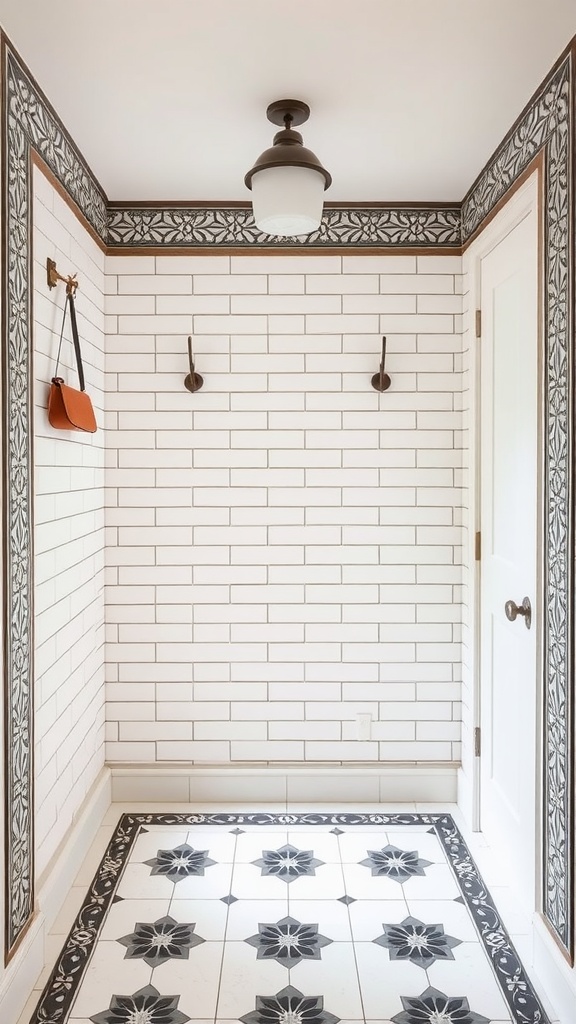 A mudroom with decorative border tiles, featuring a black and white patterned border and white subway tiles on the wall.