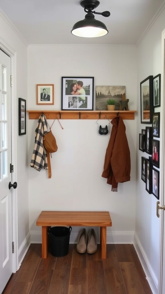 A small mudroom with wall art, a wooden shelf, and a bench, showcasing personal touches.