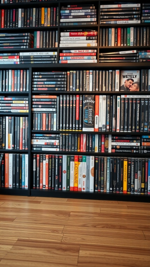 A well-organized DVD shelf displaying various movie titles.