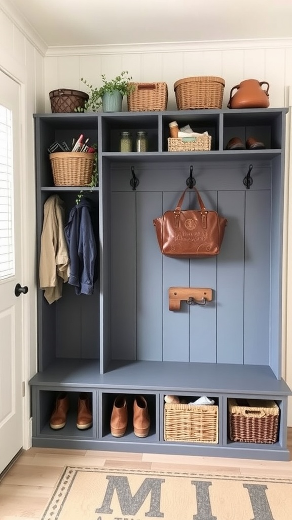 Image of a DIY mudroom with cubbies, hooks, and storage baskets.