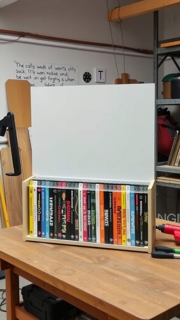 A wooden DIY DVD storage holder displaying several DVDs, set on a work table.
