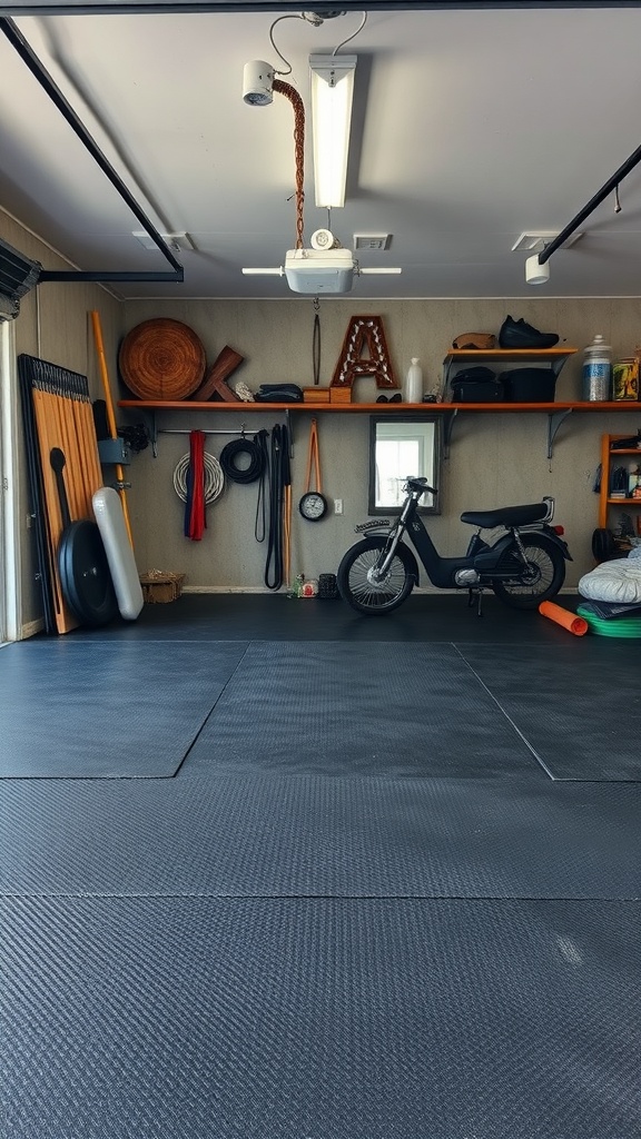 A garage gym with dark rubber flooring, bike, and storage shelves.