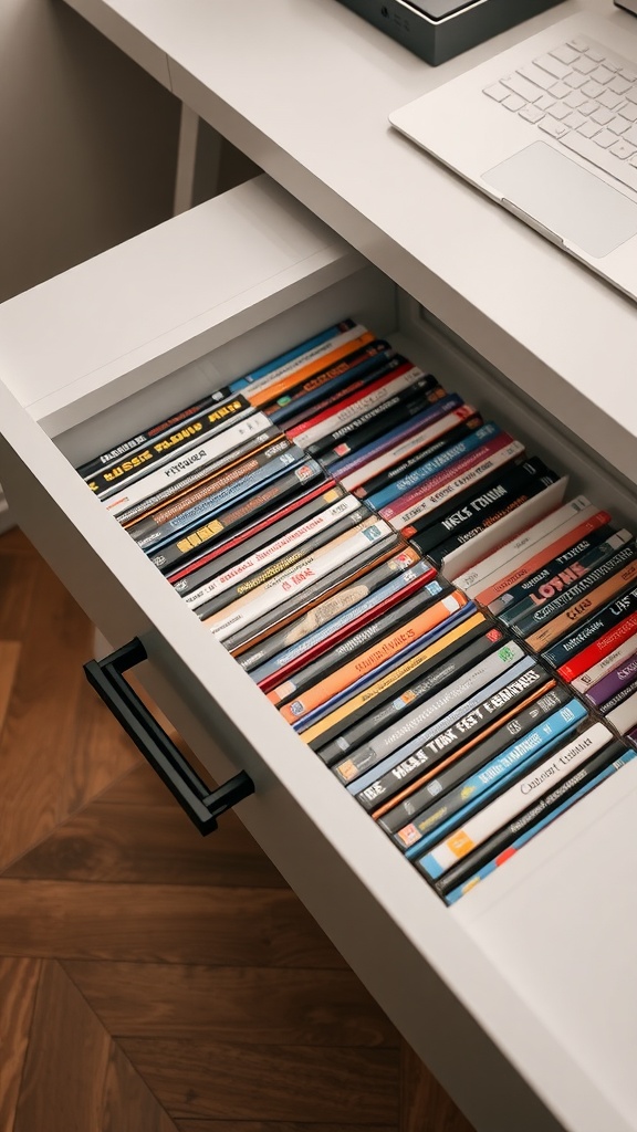 Organized drawer filled with DVDs, showing neat arrangement for easy access.