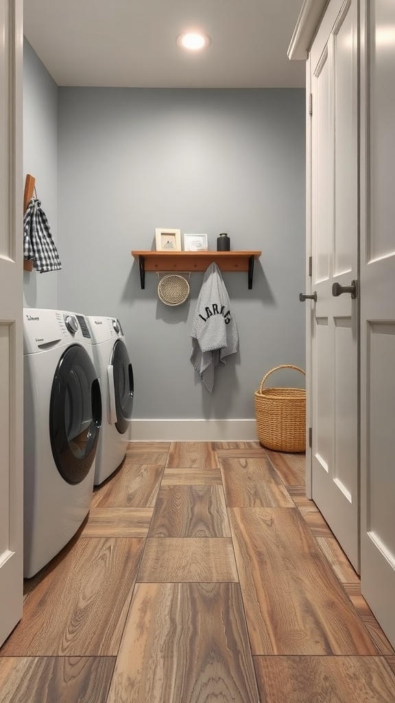 A modern laundry room with wood-like tile flooring, white appliances, and a cozy shelf.