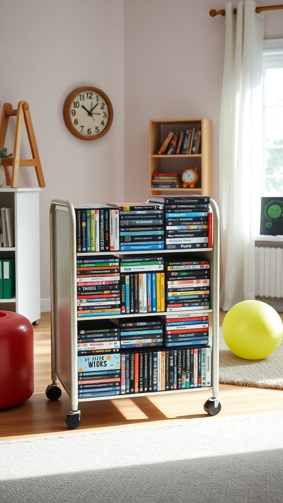 A DVD storage cart on wheels filled with DVDs in a cozy room.