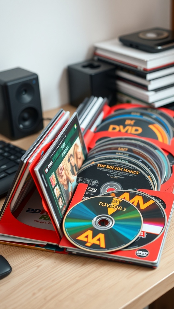 A collection of DVDs stored in colorful sleeves, neatly arranged on a wooden table.