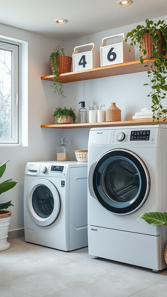 A modern laundry room with eco-friendly washing machines and plants.