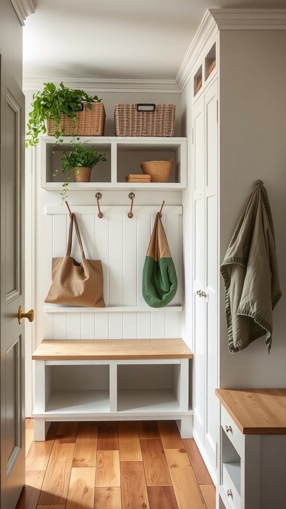 An eco-friendly mudroom with cubbies, plants, and woven baskets.