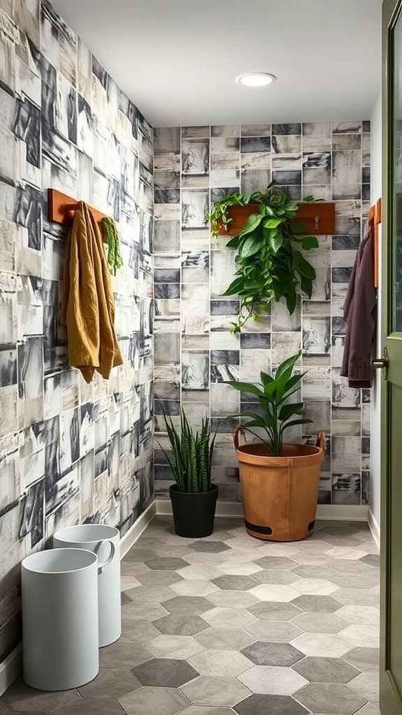 A mudroom featuring hexagonal recycled tiles, plants, and a stylish decor