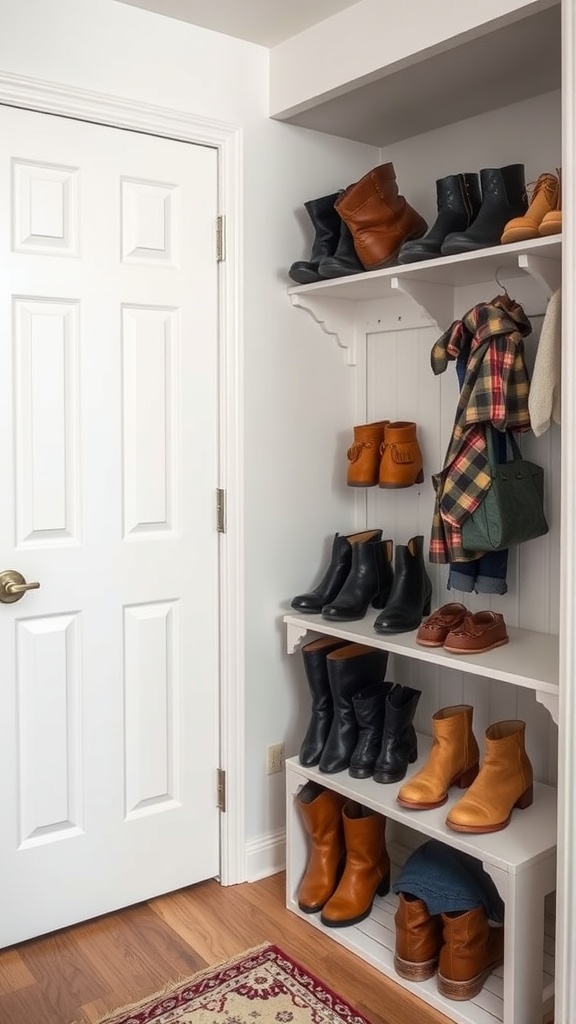 Organized mudroom closet with neatly arranged shoes and a small hook for accessories.