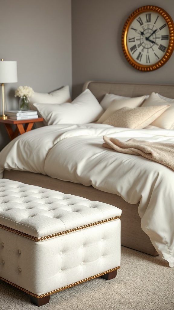 A stylish white tufted ottoman at the foot of a bed in a cozy bedroom setting.